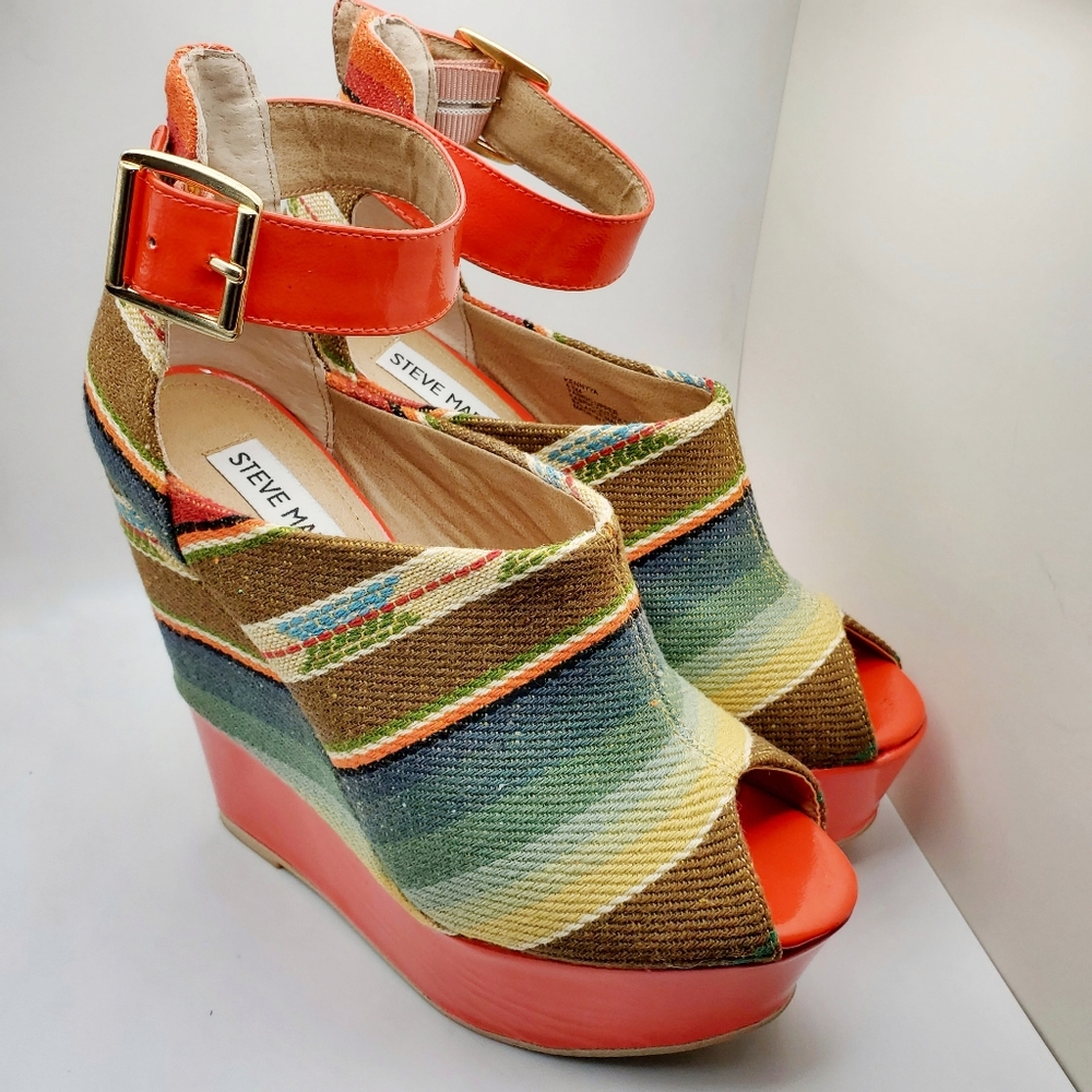 Steve Madden Kennyya Orange Fabric Platform Wedges Size 6.5 EUC